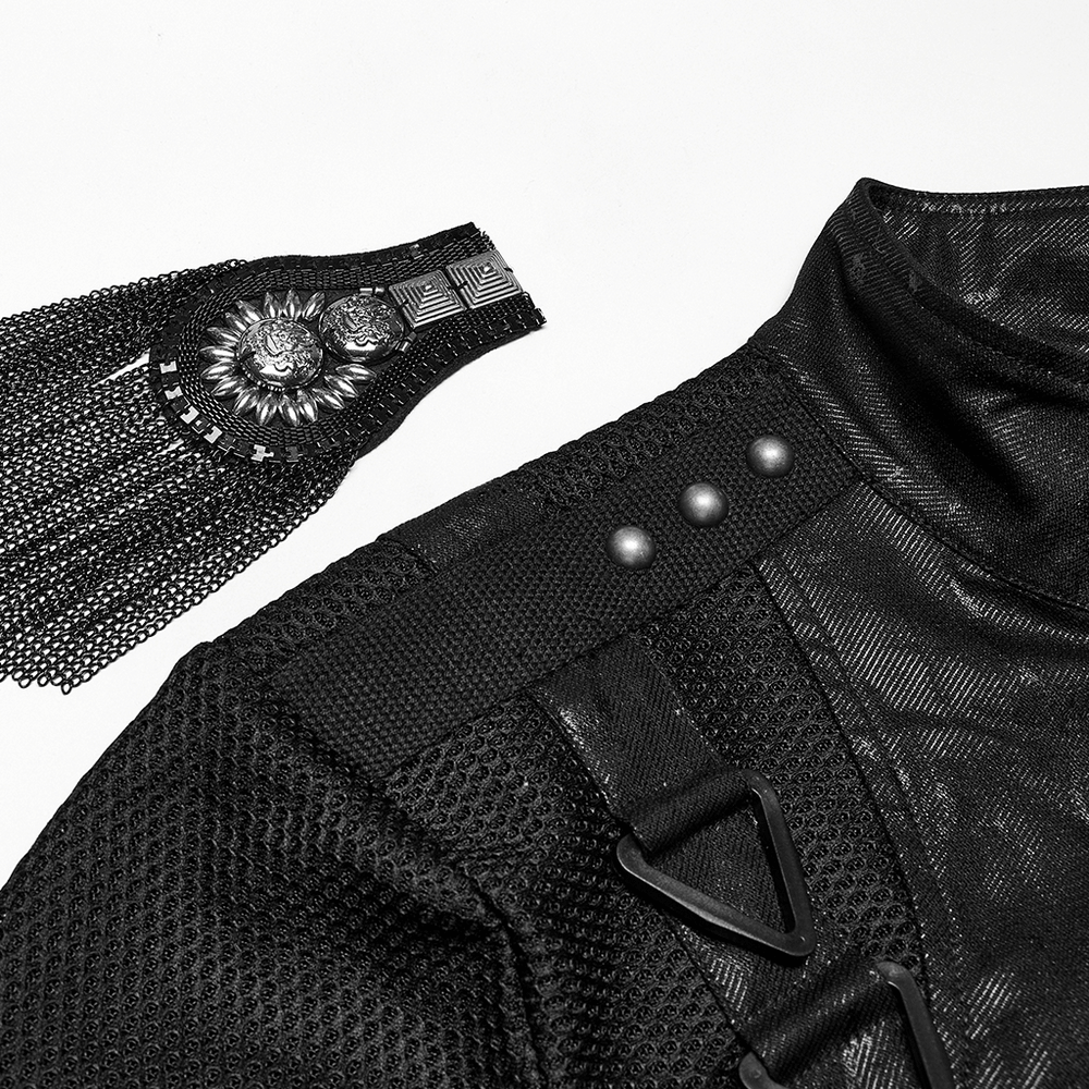 Punk mesh cropped jacket with chains, buckles, and unique epaulets in bold black design.