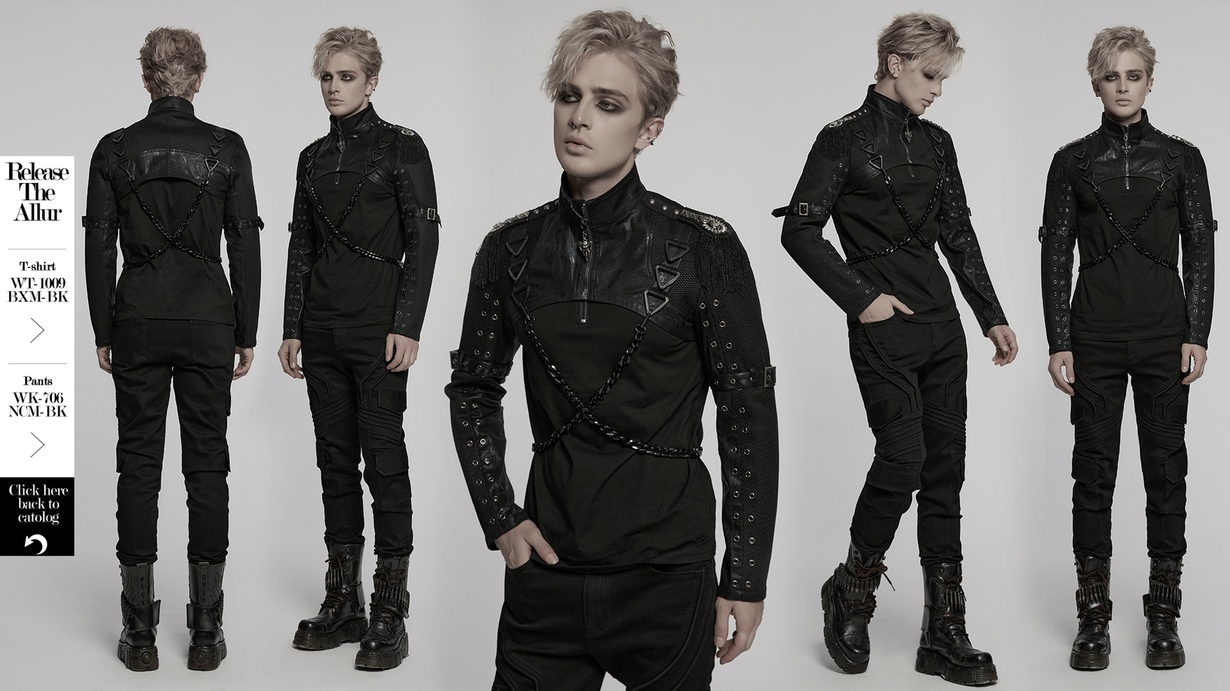 Model showcasing a punk-inspired outfit with a sleek black design, featuring chains and structured detailing.