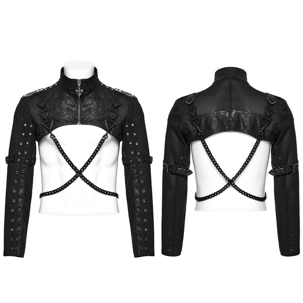 Punk mesh cropped jacket with chains, epaulets, and buckle detail, perfect for alternative fashion.