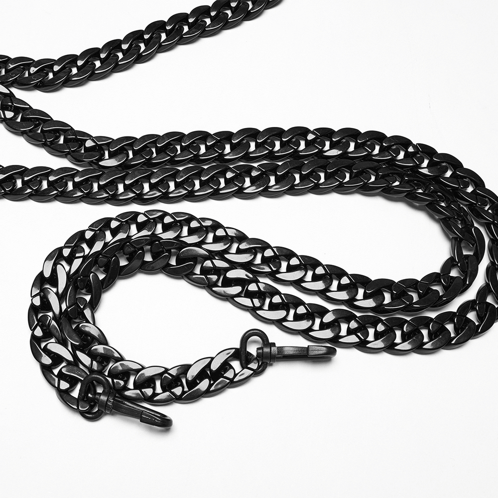 Bold black metal chains for punk fashion, ideal for layering with jackets or accessories in alternative styles.