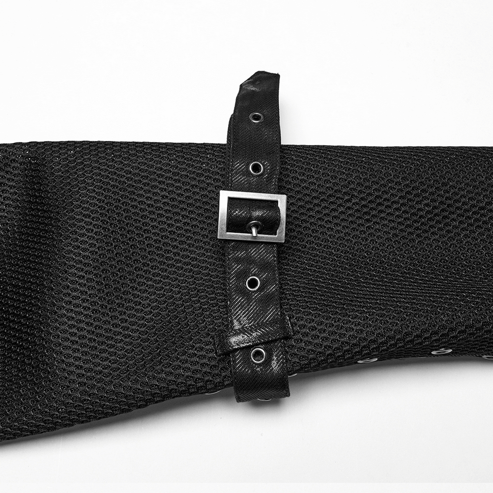 Detail of black mesh fabric with a textured rubberized belt and metal buckle, perfect for punk fashion and edgy looks.
