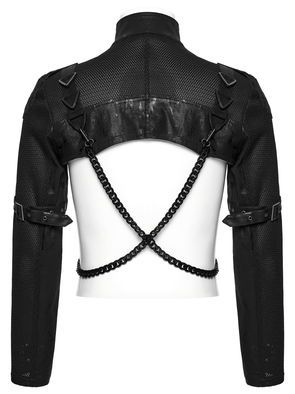Back view of Punk Mesh Cropped Jacket with chains, buckles, and epaulets for a bold alternative look.