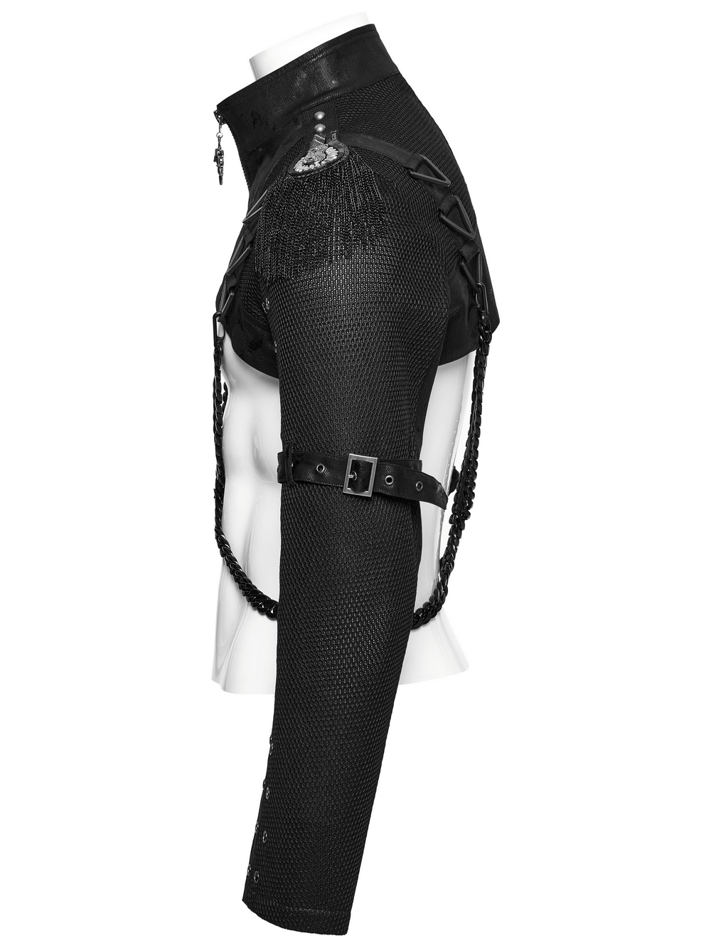 Side view of punk mesh cropped jacket featuring chains, buckle, and epaulets for edgy alternative fashion.
