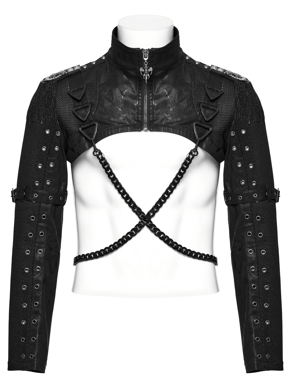 Punk mesh cropped jacket with chains and buckle detail, featuring epaulets and a bold, edgy design.
