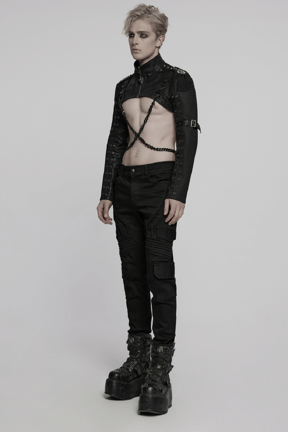 Punk mesh cropped jacket with chains, epaulets, and a bold, edgy look for alternative fashion.