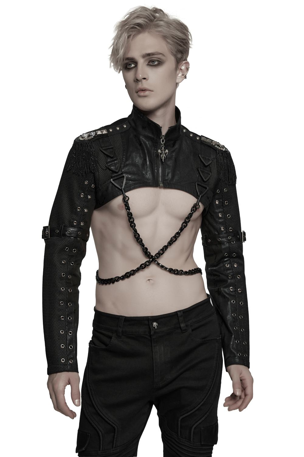 Model showcases ultra short punk mesh cropped jacket with chains, buckles, and epaulets for edgy alternative fashion.