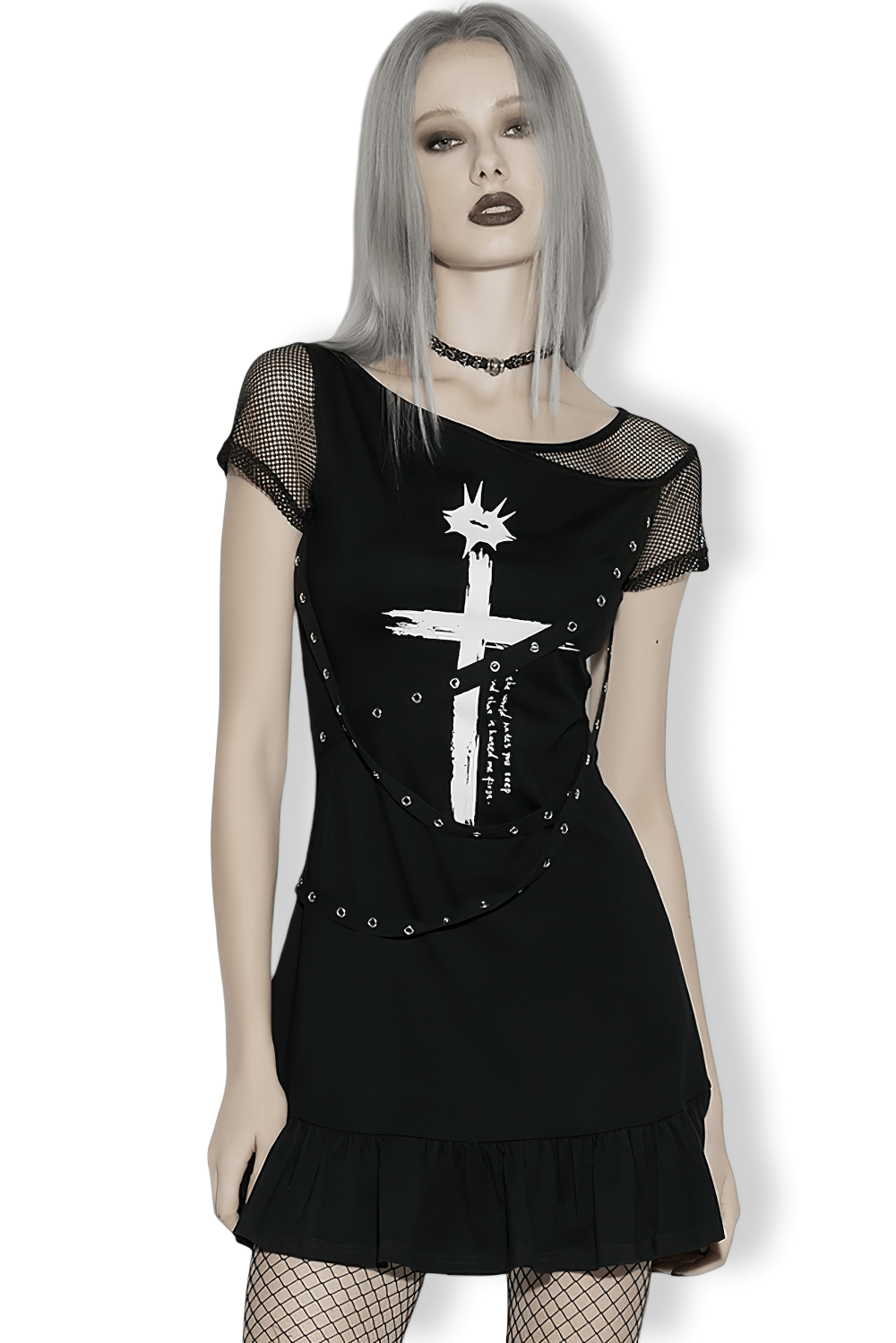 Punk Mesh Cross Print Dress with Ruffled Hem and Straps worn by a model, showcasing edgy style and unique design.
