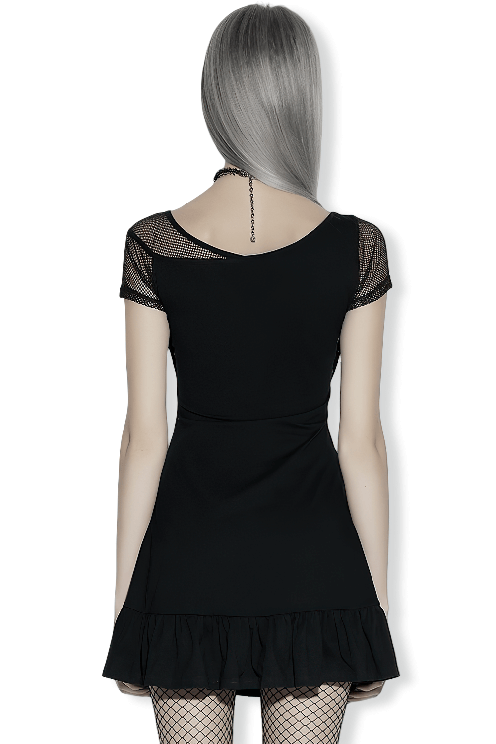 Back view of the Punk Mesh Cross Print Dress with Ruffled Hem and Straps, showcasing its stylish design and ruffled hem.