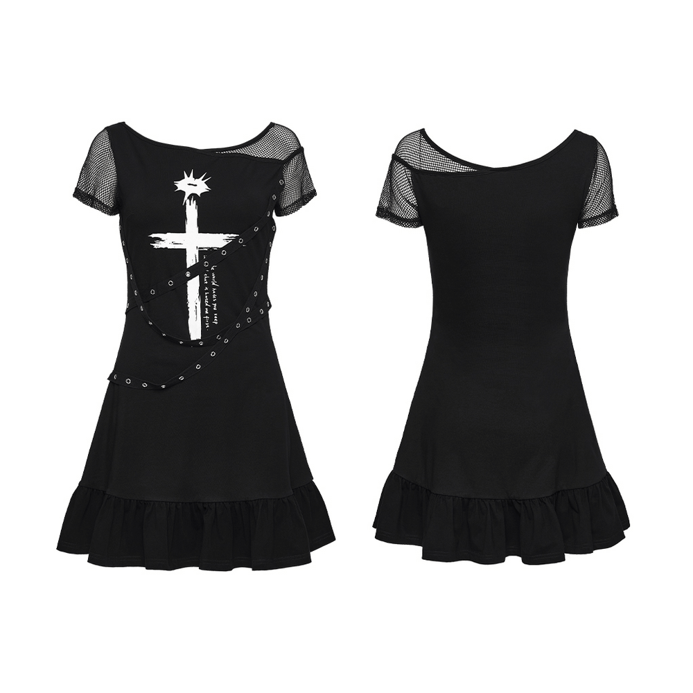 Punk Mesh Cross Print Dress with Ruffled Hem and Straps featuring a stylish cross print and ruffled hem design.