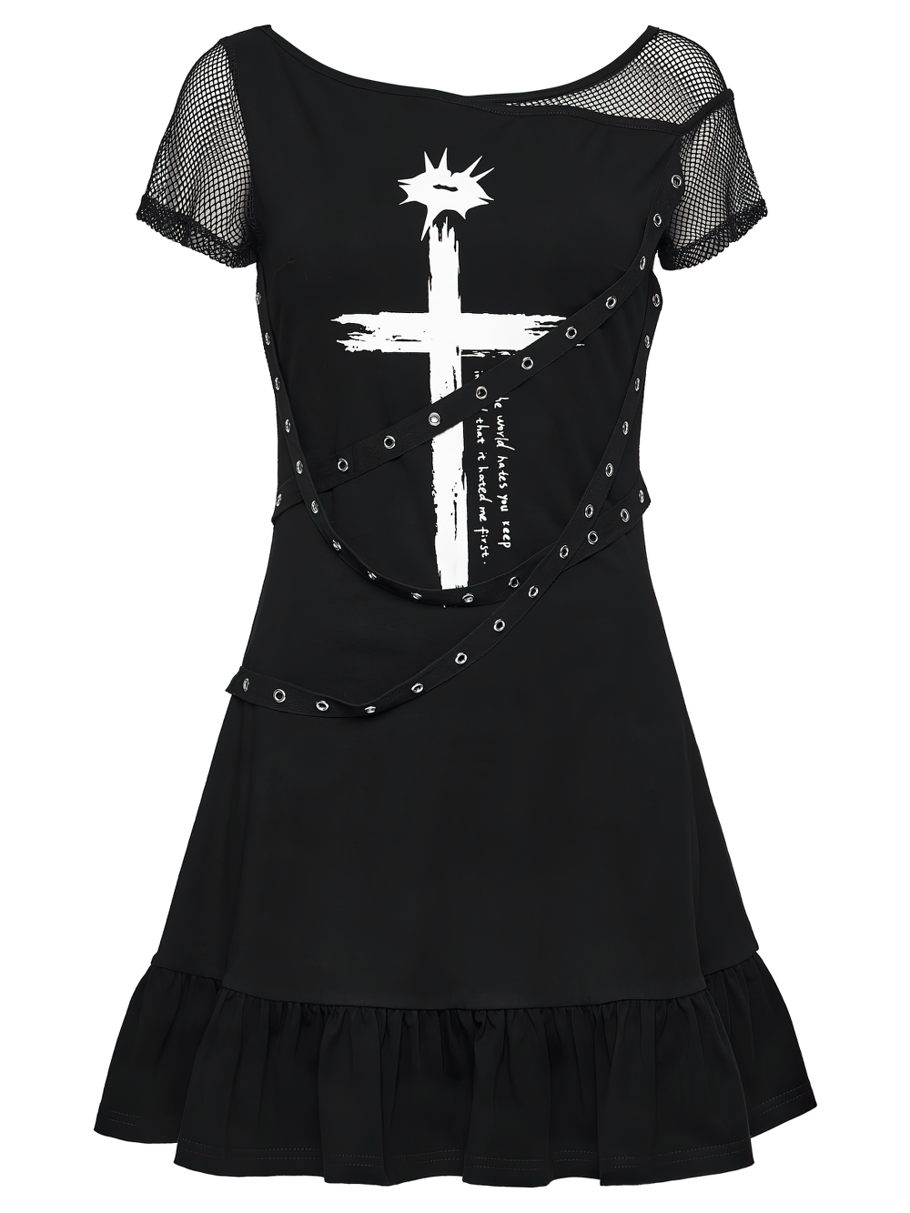 Punk Mesh Cross Print Dress with Ruffled Hem and Straps featuring a cross design and ruffled hem.