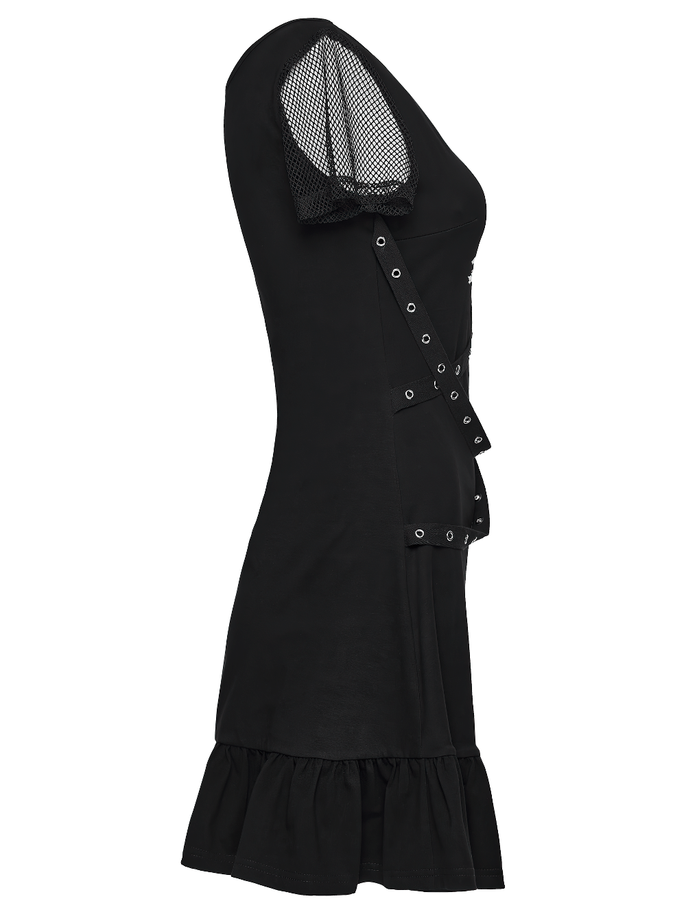 Punk Mesh Cross Print Dress with Ruffled Hem and Straps showcased in side view with mesh sleeves and edgy detail.