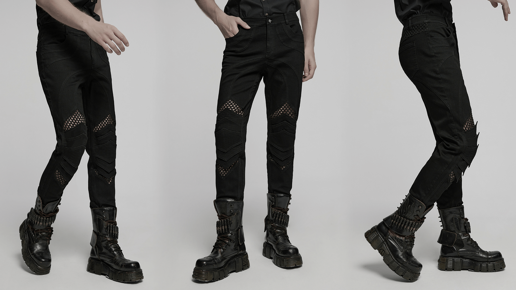 Punk mesh detail tight pants with 3D knee pieces, showcasing a bold and edgy design.