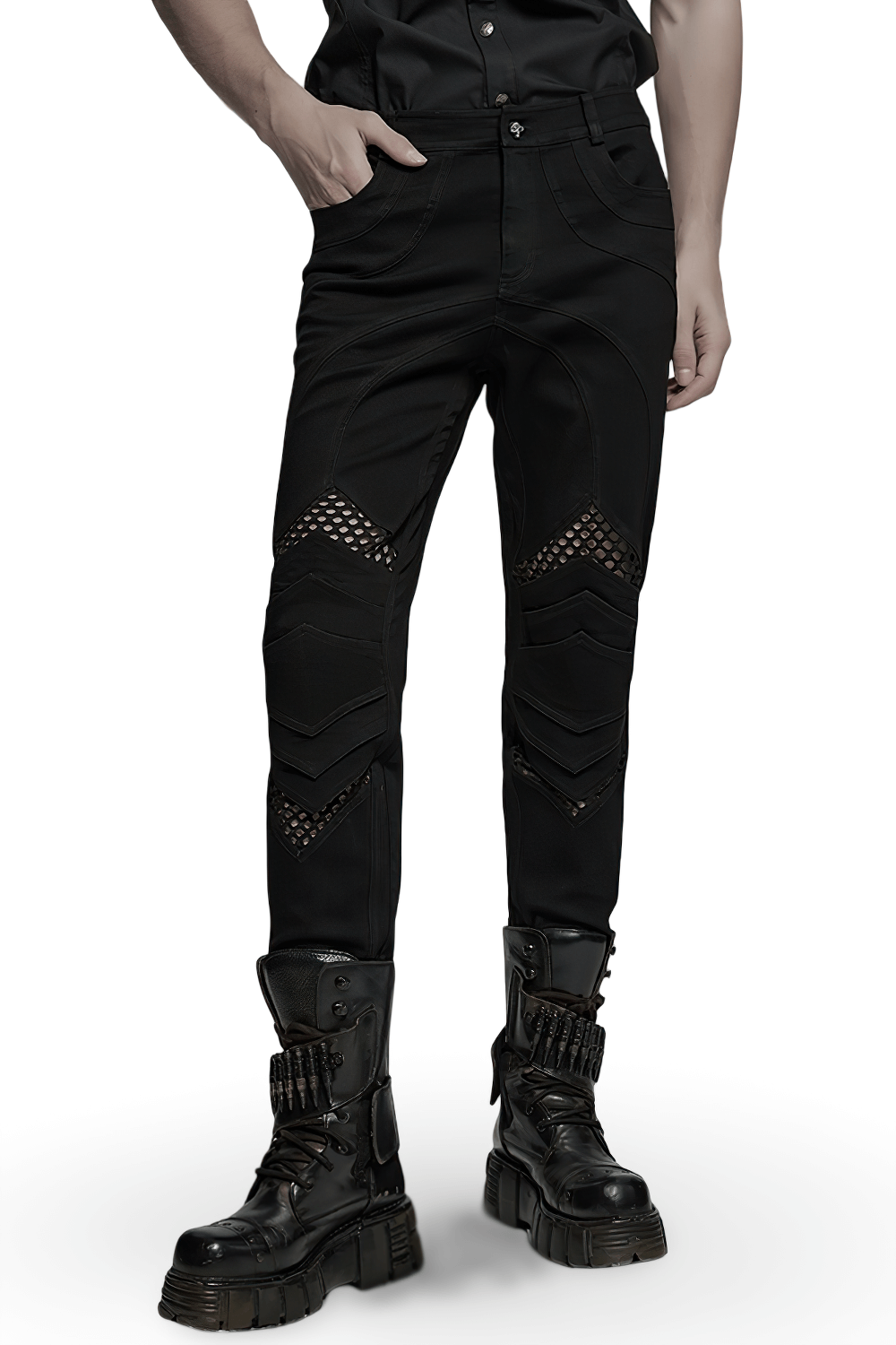 Punk mesh detail tight pants with 3D knee pieces, featuring a unique line structure and stylish pockets.