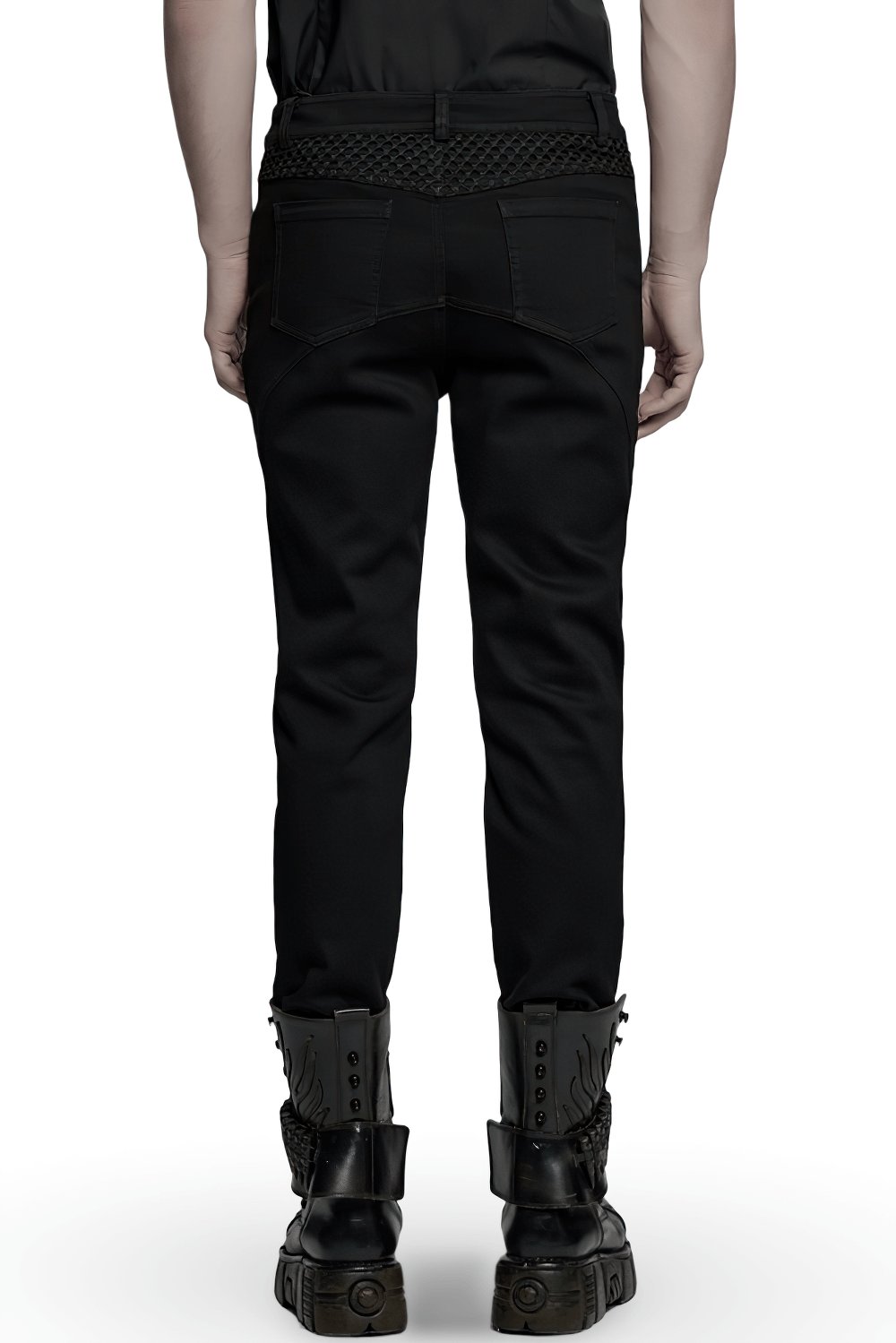 Back view of punk mesh detail tight pants with 3D knee pieces and stylish black boots.