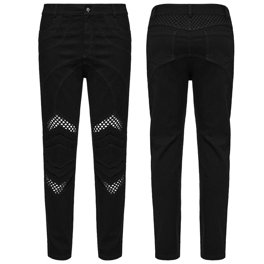 Punk mesh detail tight pants with 3D knee pieces, featuring a unique structure and practical pockets, perfect for a bold style.