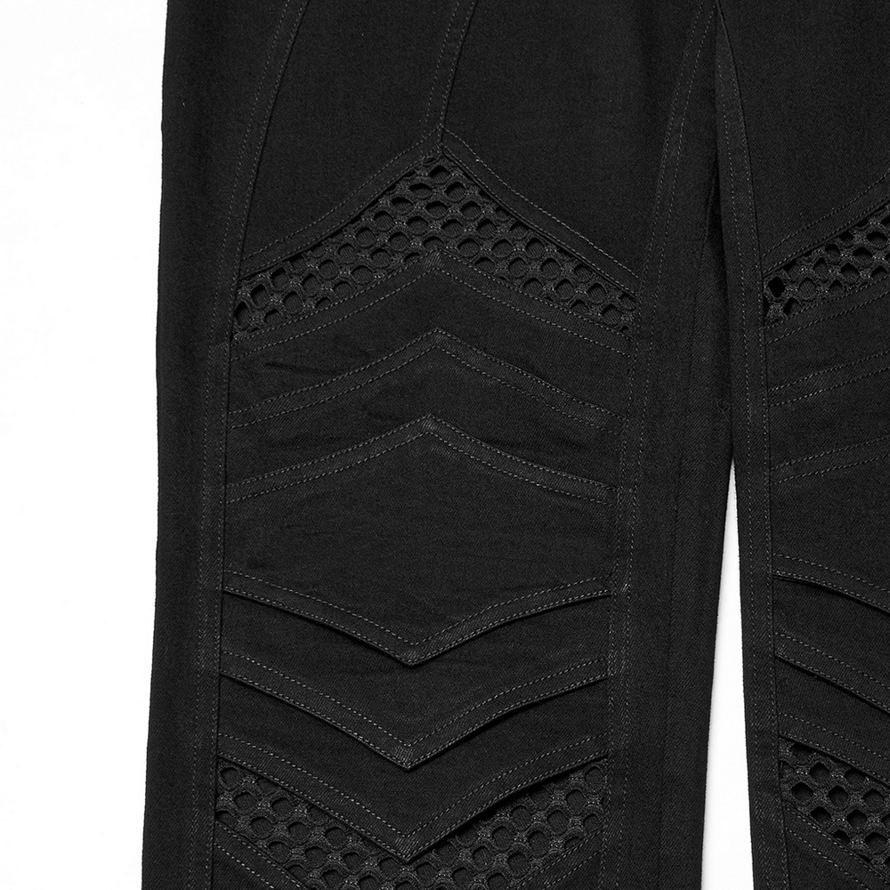 Punk mesh detail tight pants showcasing unique 3D knee design and woven fabric texture.