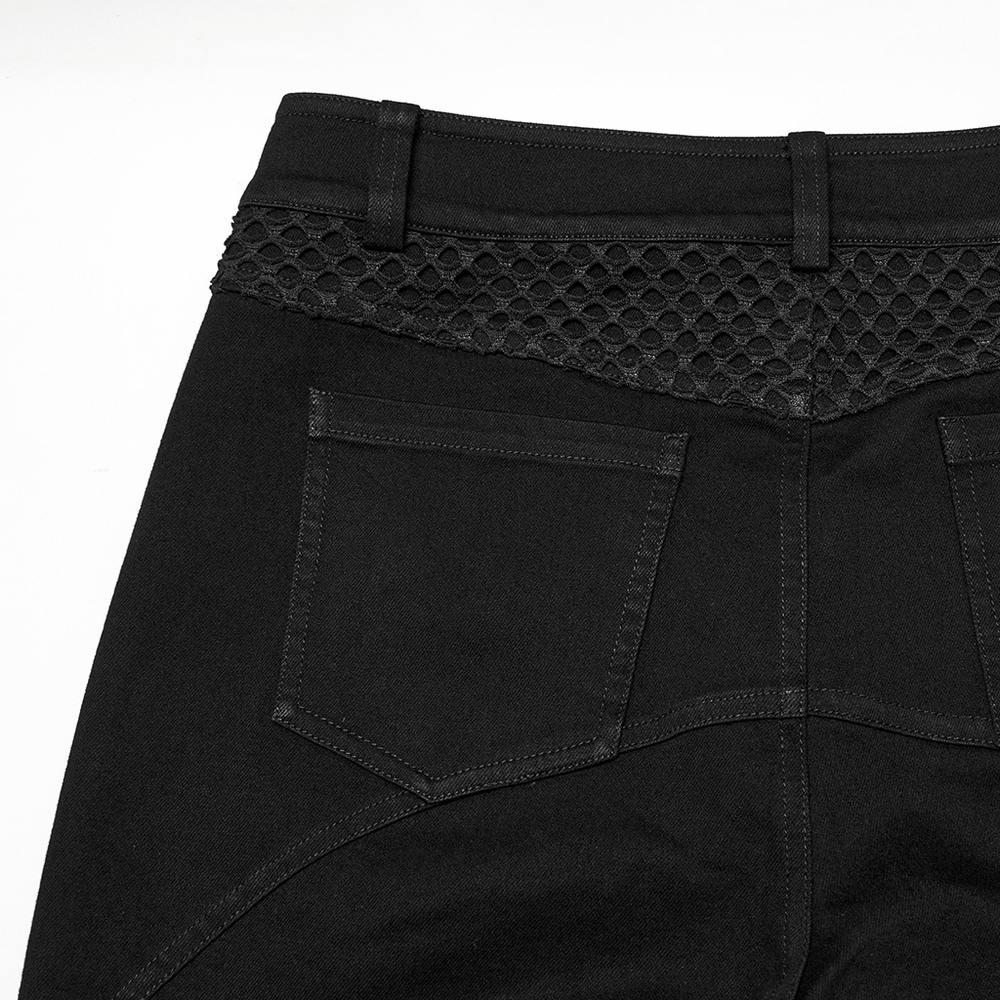 Back view of punk mesh detail tight pants showcasing 3D knee pieces and practical pockets.