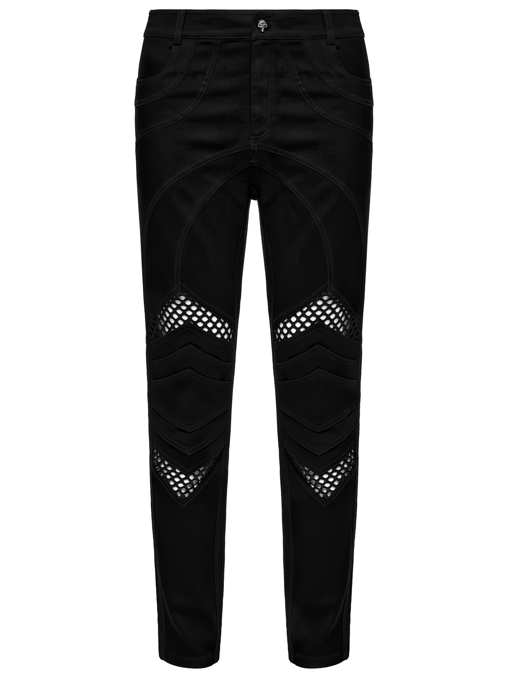 Punk mesh detail tight pants with 3D knee pieces in black, showcasing unique line structure and stylish pockets.