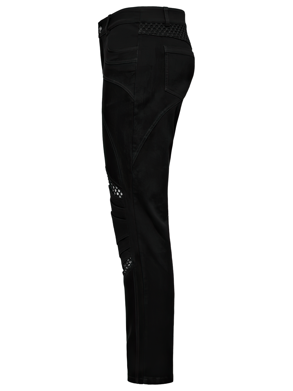 Punk mesh detail tight pants showcasing 3D knee pieces and sleek side profile for a bold, edgy look.