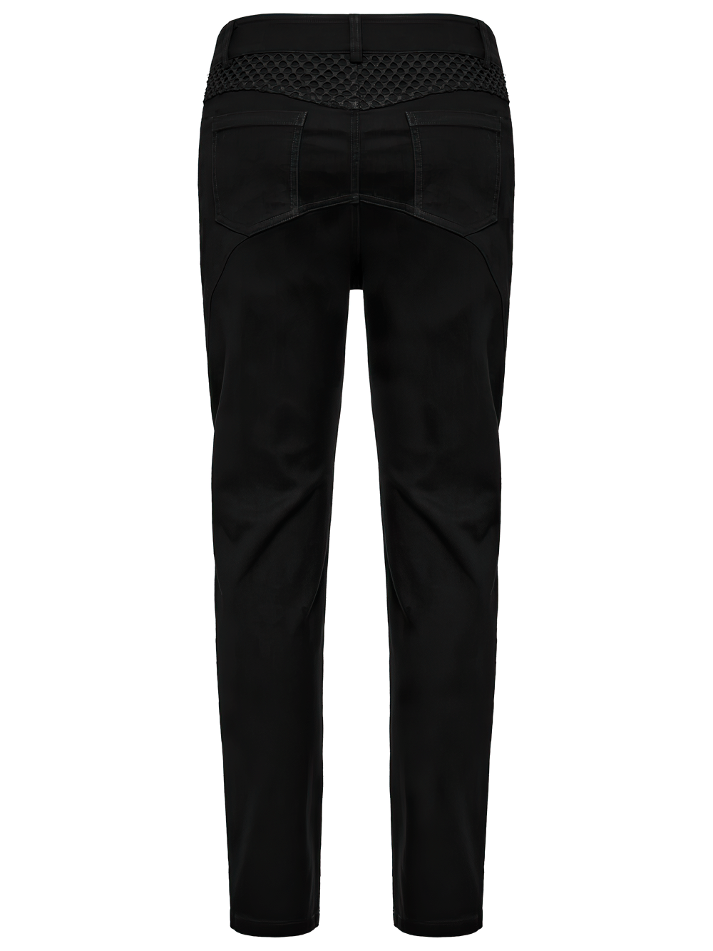 Back view of punk mesh detail tight pants featuring unique 3D knee design and practical pockets in sleek black.