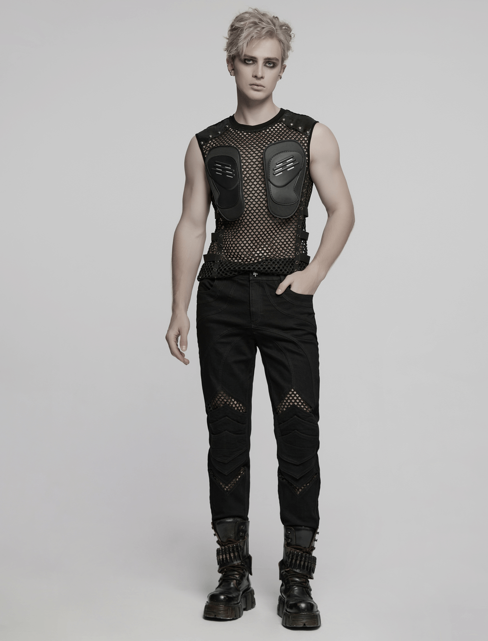 Punk mesh detail tight pants with 3D knee pieces, showcasing an edgy, avant-garde style for bold fashion lovers.