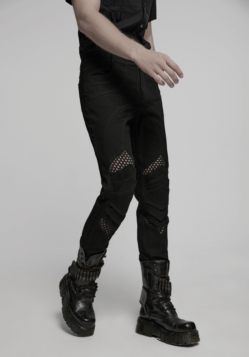 Punk mesh detail tight pants with 3D knee pieces, perfect for a bold, edgy style.