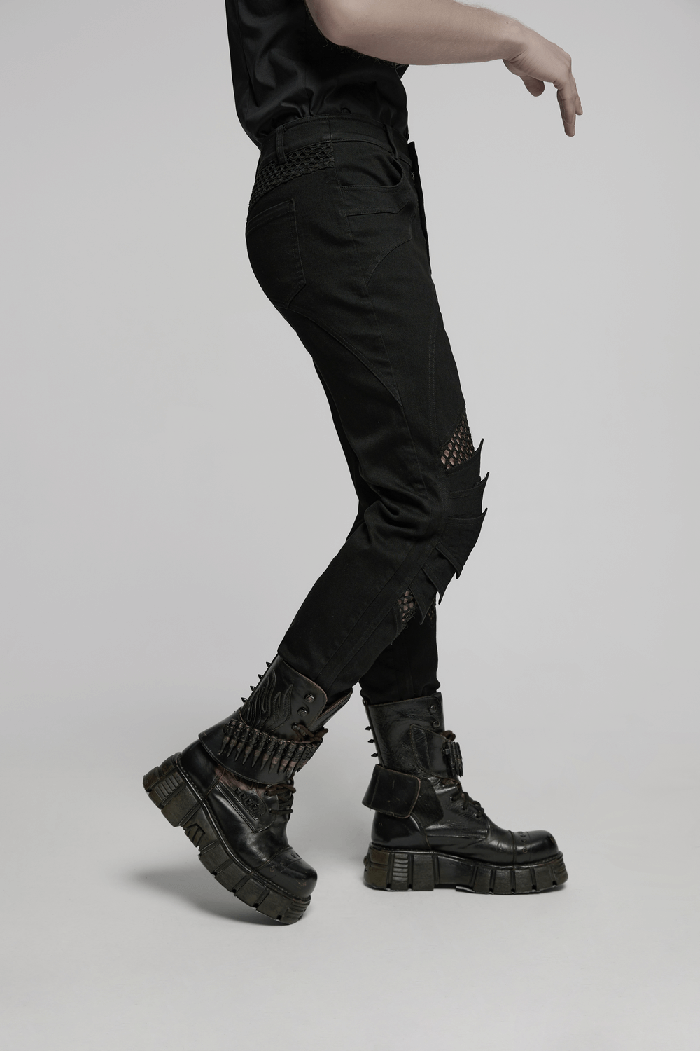 Punk mesh detail tight pants with 3D knee pieces, showcasing a unique design and edgy vibe.