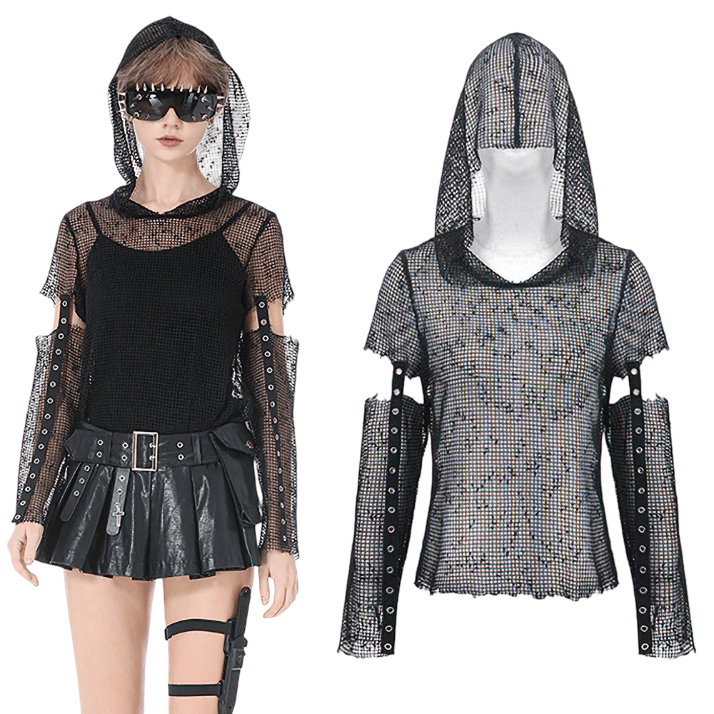 Punk Mesh Hood Top with Arm Warmers and Eyelet Straps featuring fishnet design and grommets.