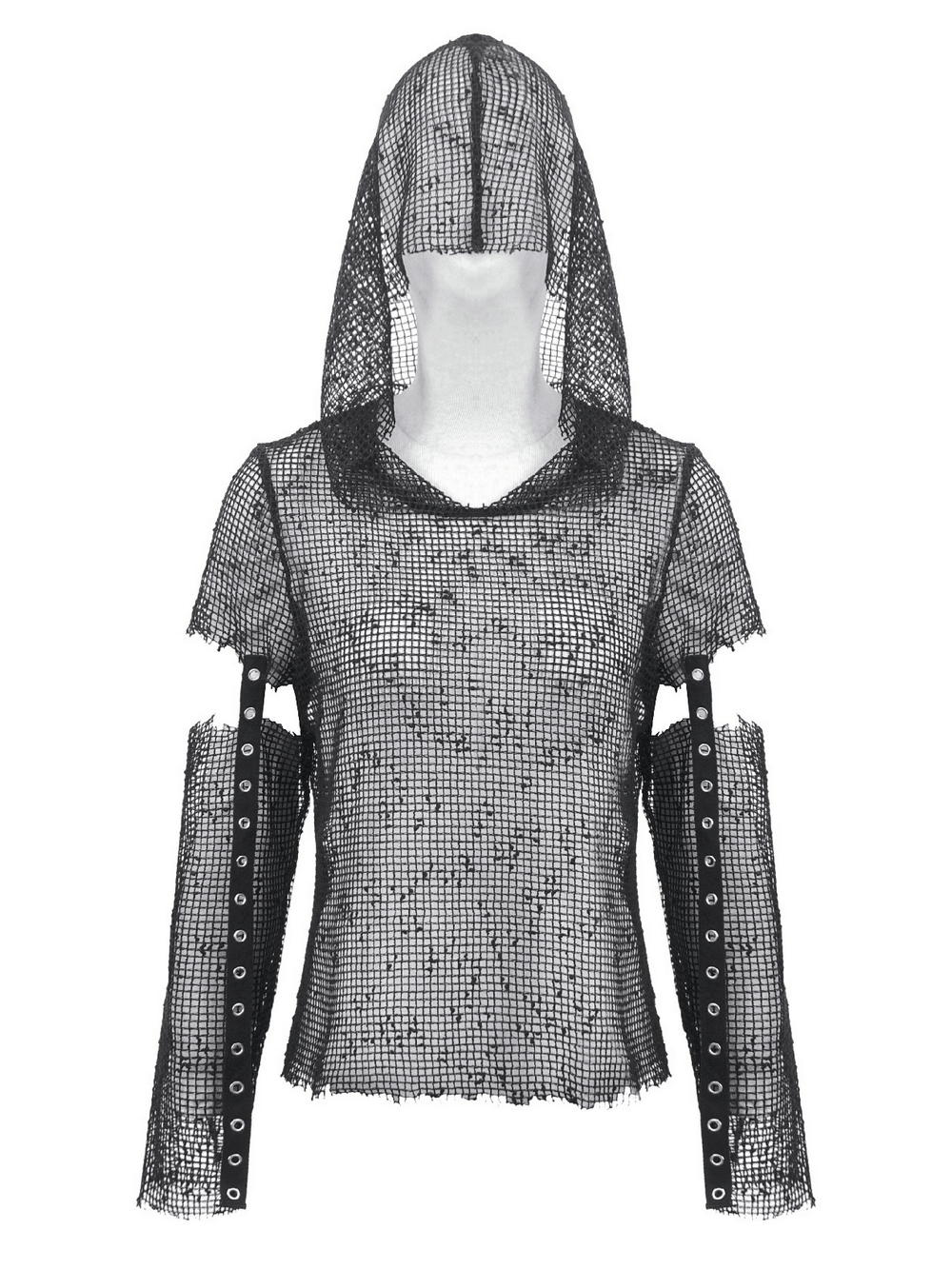 Punk Mesh Hood Top with Arm Warmers and Eyelet Straps featuring a gothic fishnet design and bold eyelet straps.