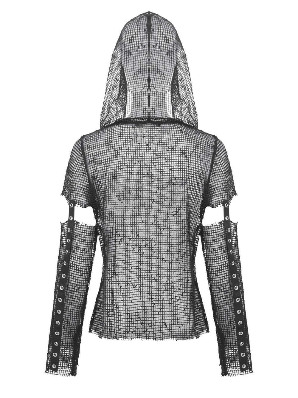 Punk Mesh Hood Top with Arm Warmers and Eyelet Straps back view showcasing the gothic design and unique features.