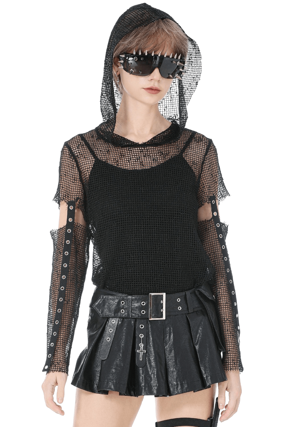 Punk Mesh Hood Top with Arm Warmers and Eyelet Straps featuring a gothic look with long sleeves and bold eyelet details.