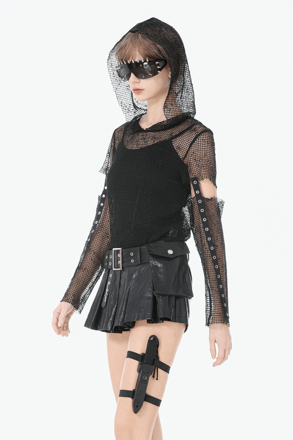 Punk Mesh Hood Top with Arm Warmers and Eyelet Straps worn by a model showcasing gothic street style.