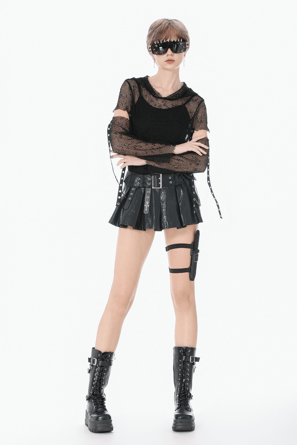 Punk Mesh Hood Top with Arm Warmers and Eyelet Straps styled with a leather skirt and combat boots for a gothic look.