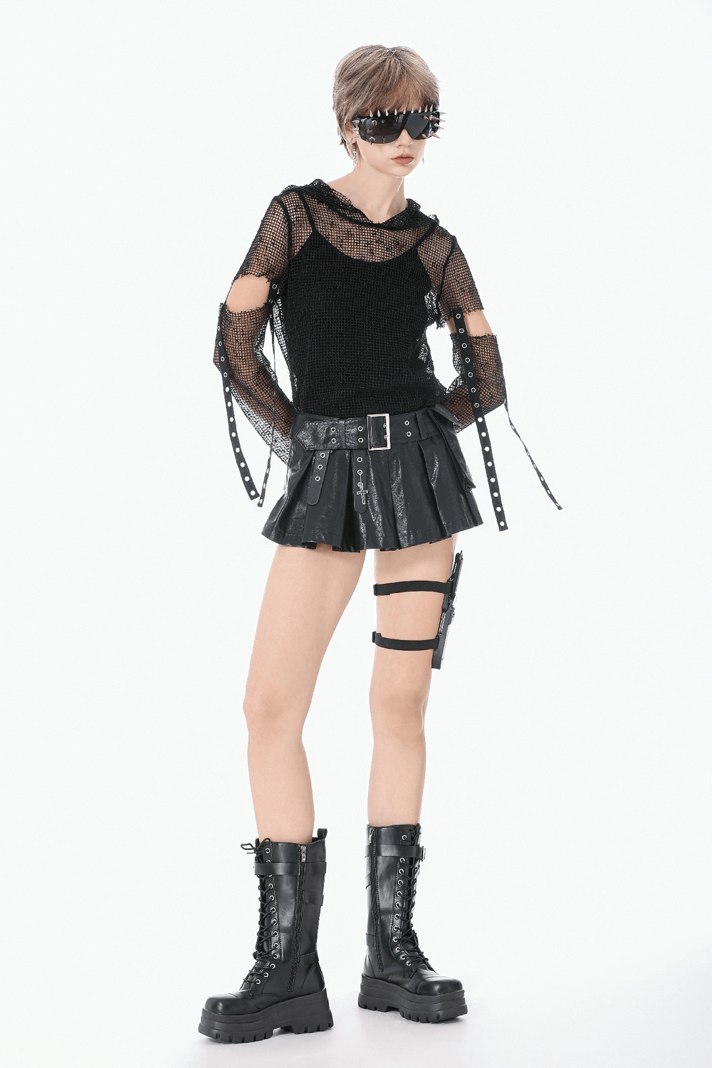 Punk Mesh Hood Top with Arm Warmers and Eyelet Straps styled with a black pleated skirt and chunky boots for a gothic look.