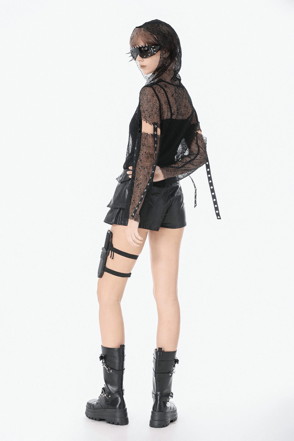 Punk Mesh Hood Top with Arm Warmers and Eyelet Straps displayed on model showcasing edgy gothic fashion.