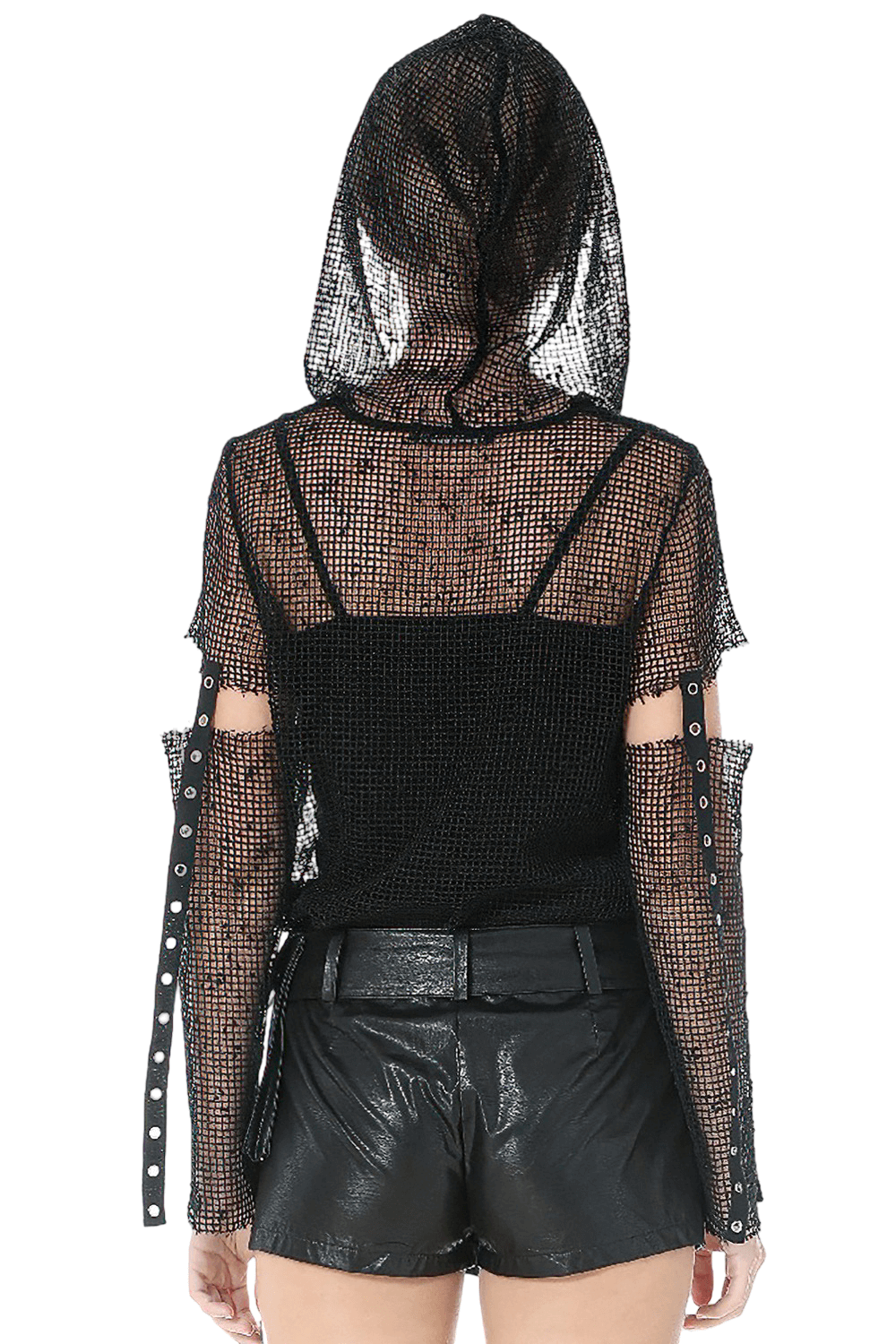 Punk Mesh Hood Top with Arm Warmers and Eyelet Straps showcasing back design with hood and long sleeves.
