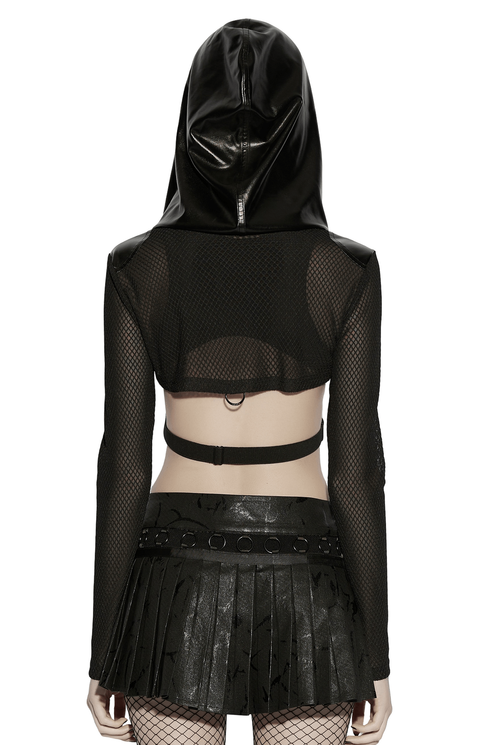 Back view of a stylish model wearing a Punk Mesh Hooded Crop Top with Rubberized Panels and a black pleated skirt.