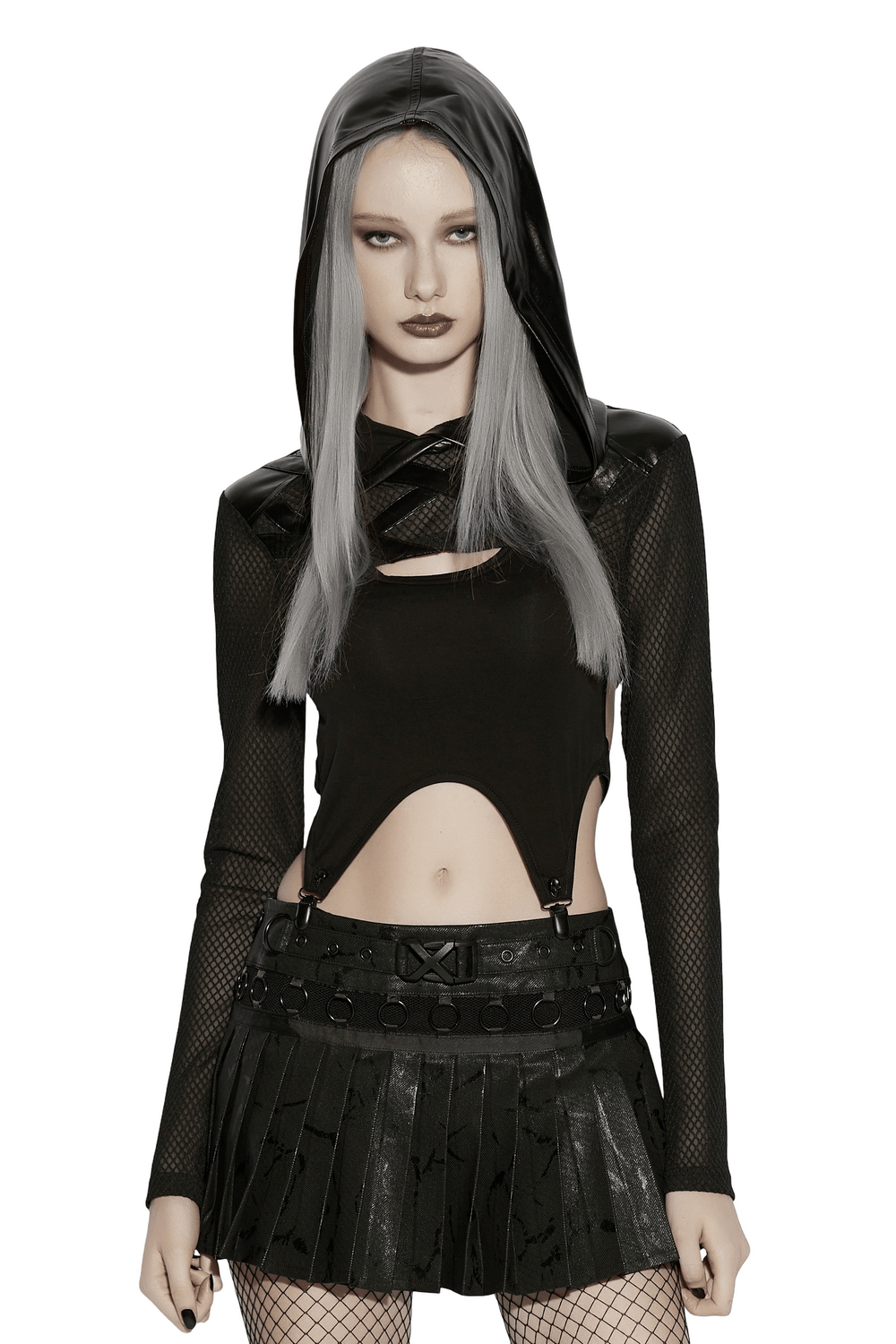 Punk Mesh Hooded Crop Top with Rubberized Panels worn by model, showcasing a fierce punk style with a bold layered edge.