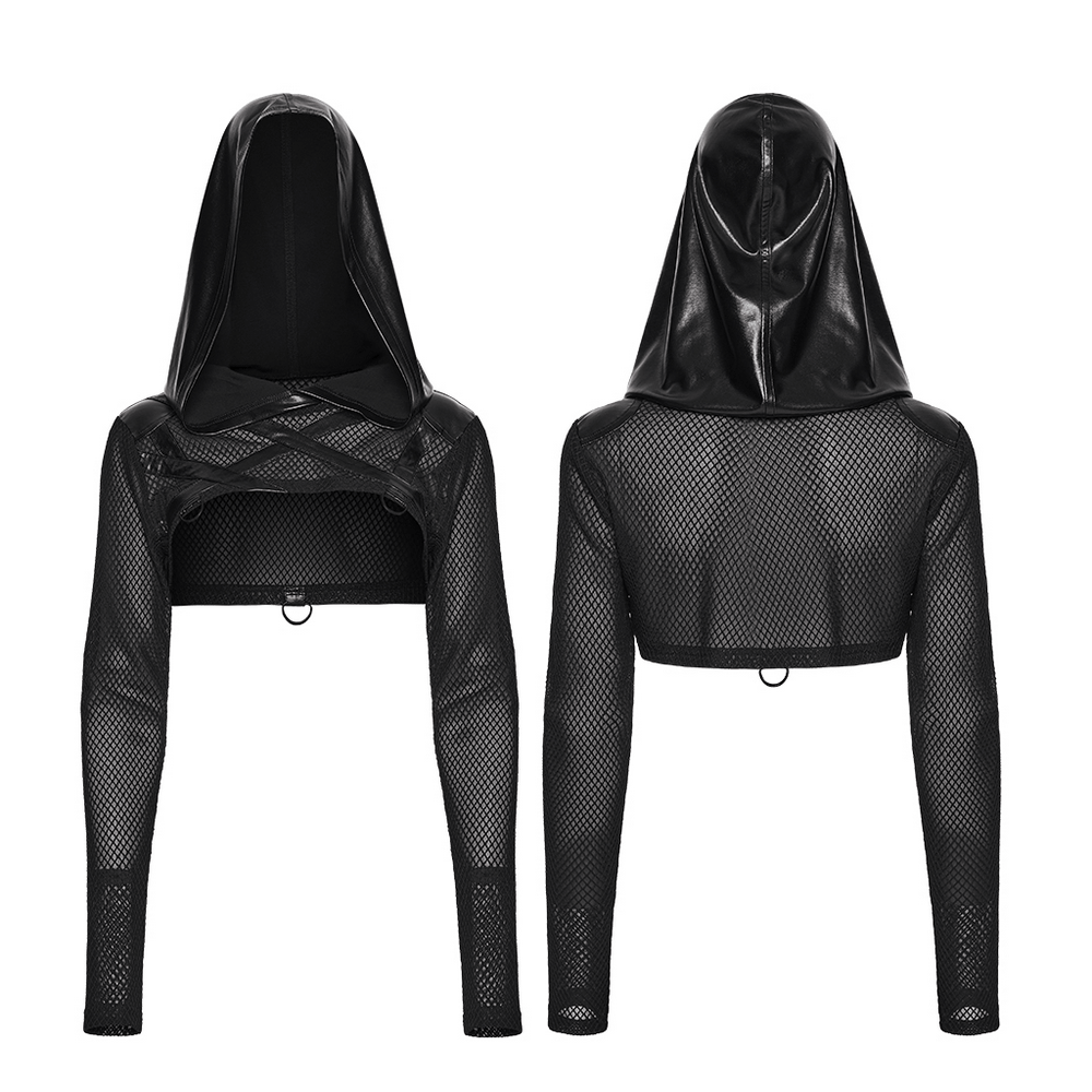 Punk Mesh Hooded Crop Top with Rubberized Panels showcasing a sleek design with mesh sleeves and rubberized fabric.