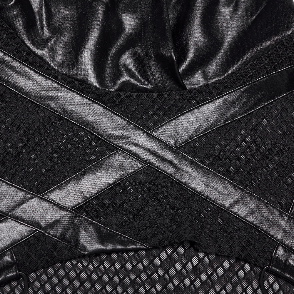 Punk Mesh Hooded Crop Top with Rubberized Panels featuring cross straps and textured black fabric.