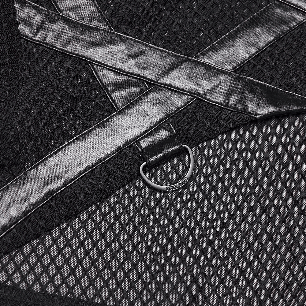 Close-up of the Punk Mesh Hooded Crop Top with Rubberized Panels featuring mesh and rubberized detail.