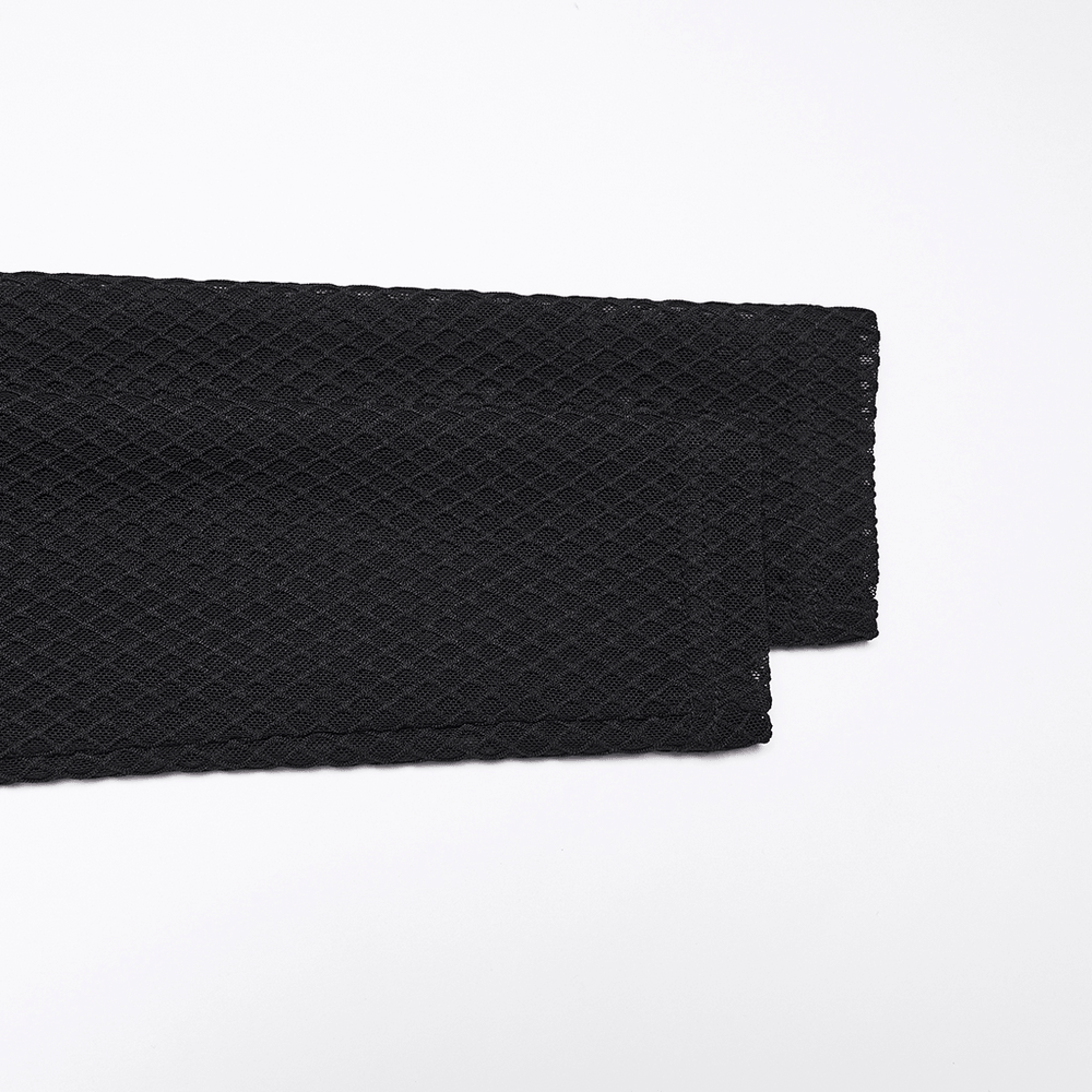 Punk Mesh Hooded Crop Top with Rubberized Panels close-up of textured black mesh fabric.