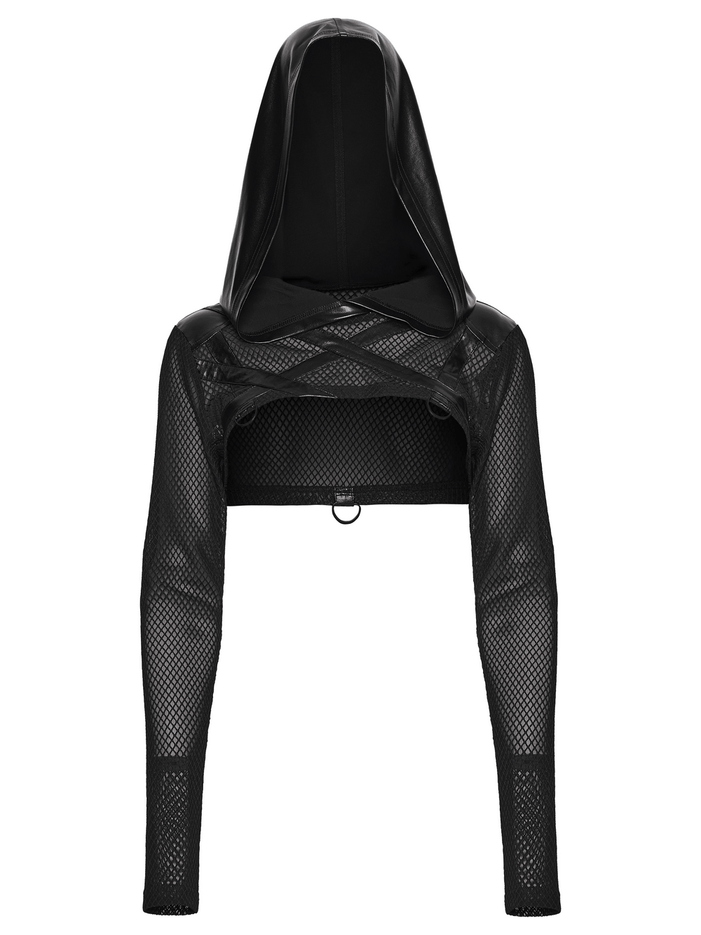 Punk Mesh Hooded Crop Top with Rubberized Panels showcasing sharp panel segmentation and breathable mesh sleeves.
