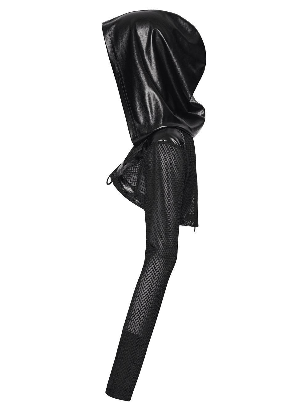 Punk Mesh Hooded Crop Top with Rubberized Panels featuring a stylish black hood and mesh sleeves.