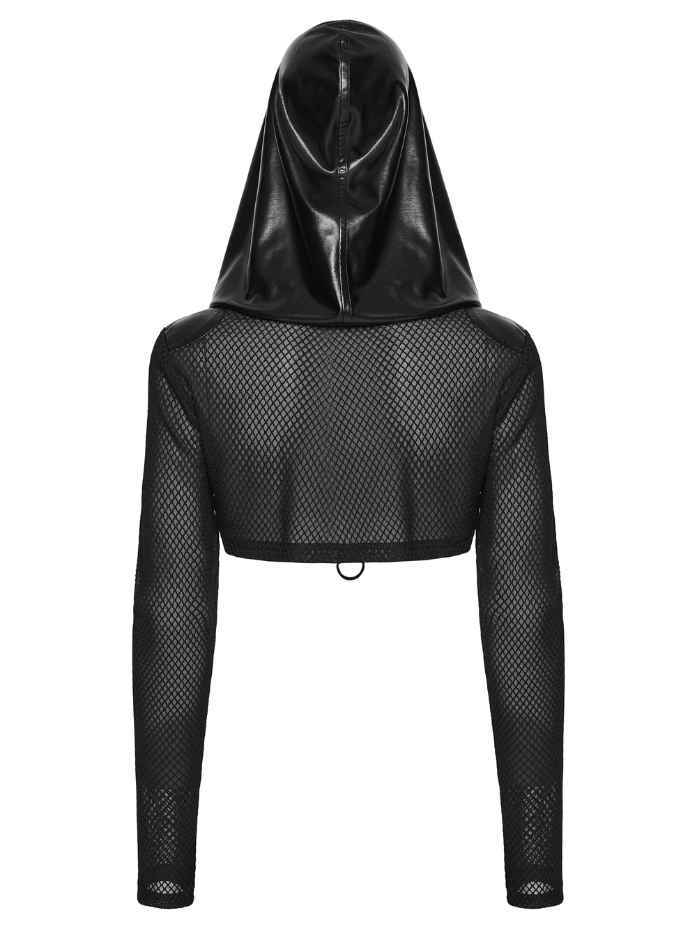 Punk Mesh Hooded Crop Top with Rubberized Panels showcasing a sleek back design and breathable mesh sleeves.