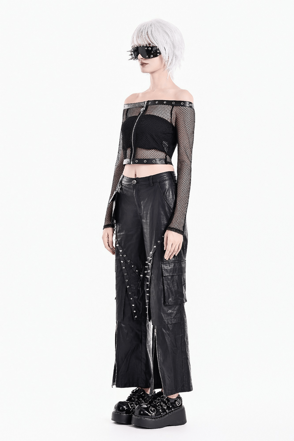 Punk Mesh Off Shoulder Top with Zipper and Stud Details on model, edgy black mesh punk crop top with studded trim