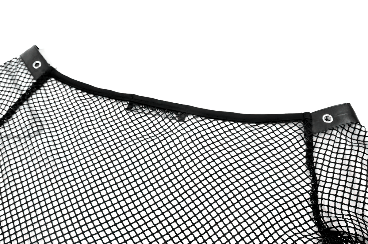 Punk Mesh Off Shoulder Top with Zipper and Stud Details black mesh crop top with edgy grommet accents