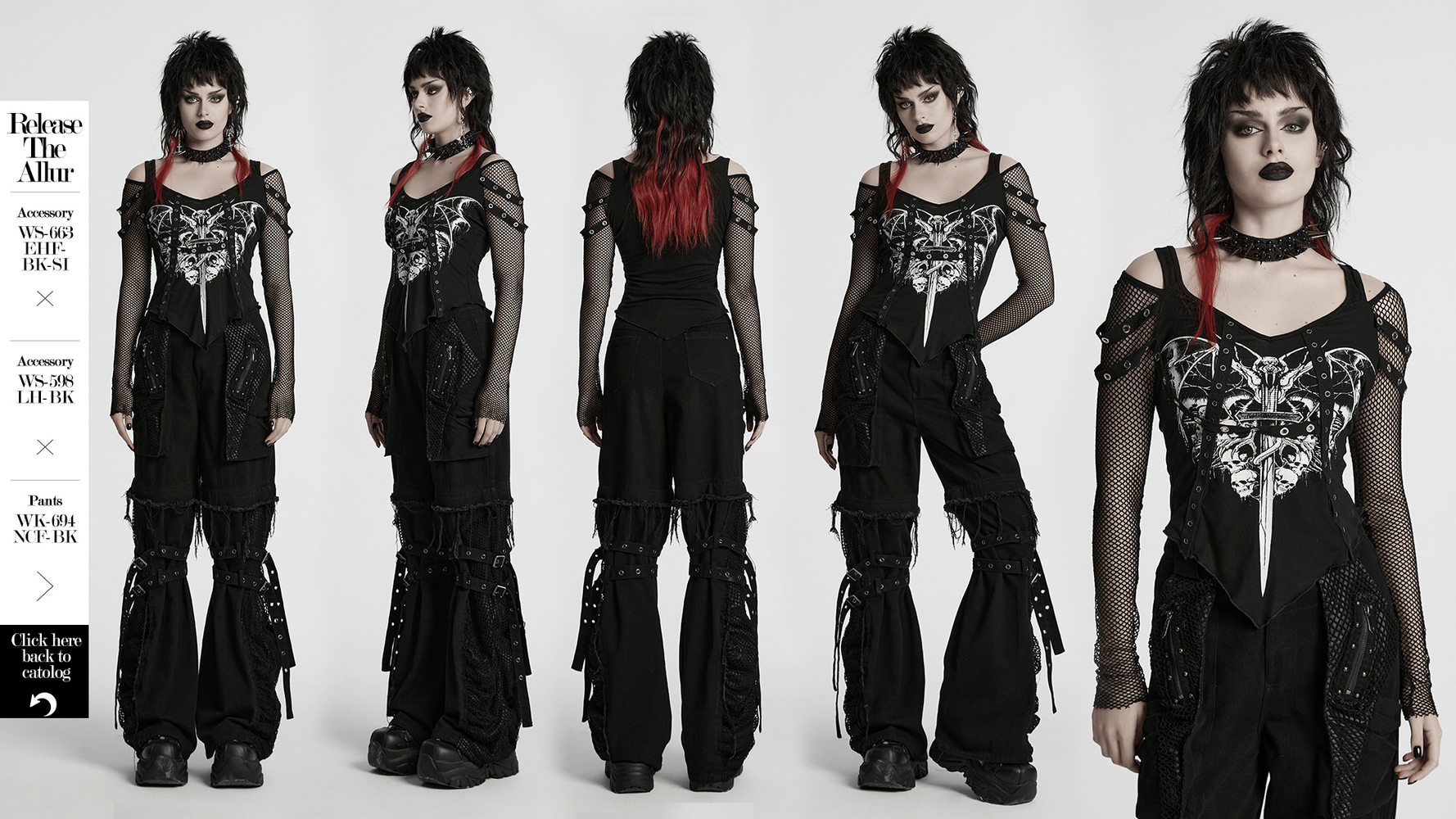 Punk mesh-sleeved top with bat skull print, showcasing off-shoulder design and gothic style details.