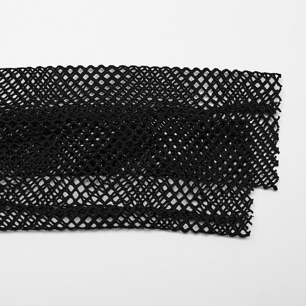 Black mesh fabric with a diamond pattern, perfect for gothic or punk clothing designs.