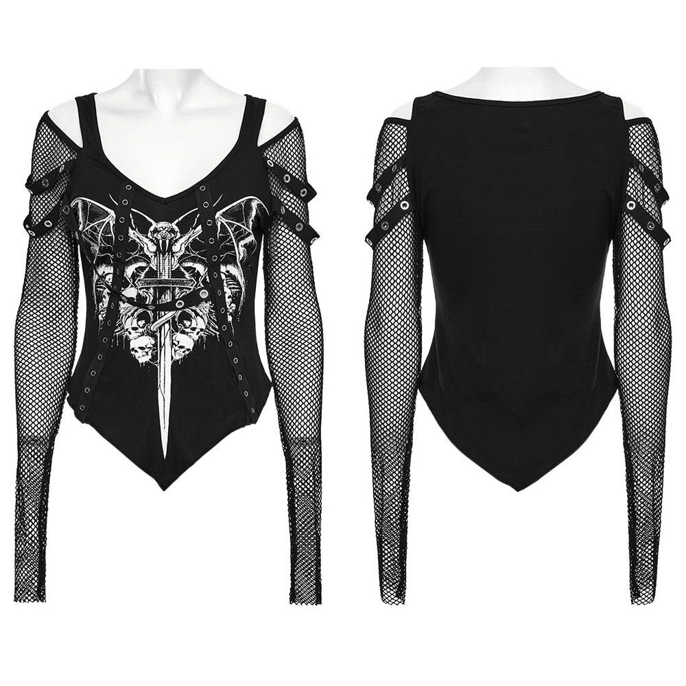 Gothic off-shoulder top with mesh sleeves and bat skull print, featuring adjustable snap webbings for a punk style.